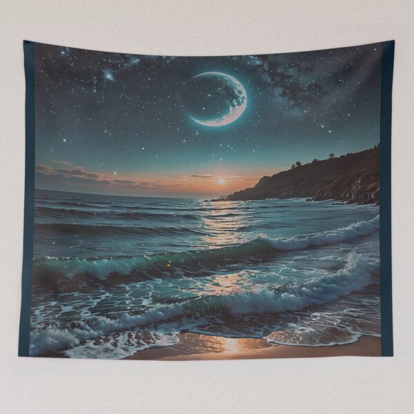 Item preview, Moonlit Ocean Wall Art – Crescent Moon Over Waves Coastal Night Seascape Print designed and sold by BeautifulVirtues.