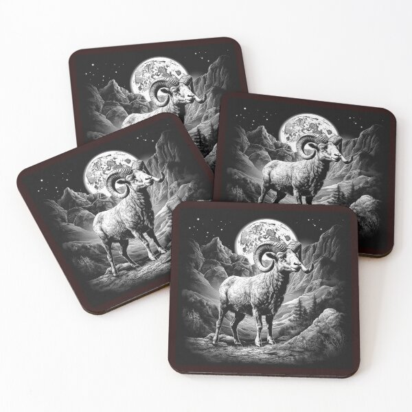 Item preview, Moonlit Ram in Mountain Landscape Illustration designed and sold by inkoutninja.