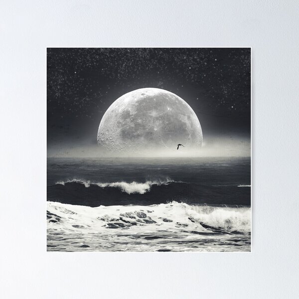 Aperçu de l'œuvre Vague nocturne - Vagues océaniques et lune créée et vendue par Dyrk Wyst Redbubble Shop.