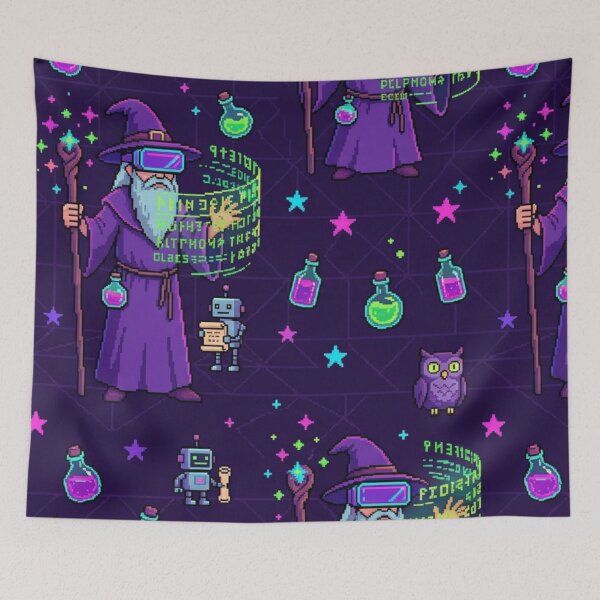 Item preview, 8-Bit Cyber Wizard VR Spells Retro Pixel Art Neon Pattern designed and sold by InnerwayStudio.