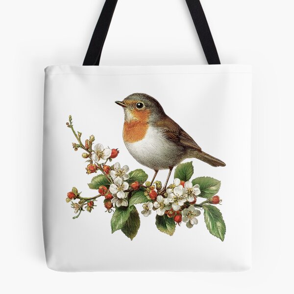 Aperçu de l'œuvre Oiseau rouge-gorge vintage sur une branche fleurie créée et vendue par Liededrom..
