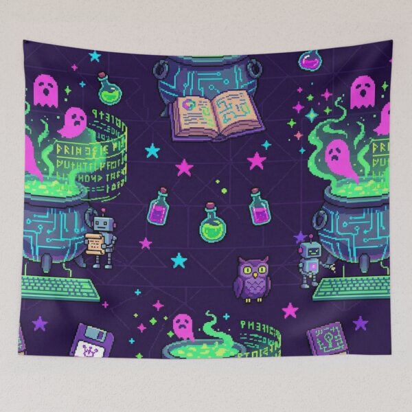 Item preview, 8-Bit Cyber Witch Cauldron Hacker & Neon Ghost Pixel Art Pattern designed and sold by InnerwayStudio.