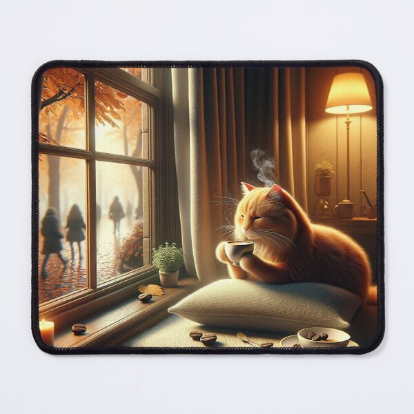 Item preview, Cozy Autumn Cat Drinking Coffee by Window – Aesthetic Fall Vibes Art designed and sold by SheetalMourya.