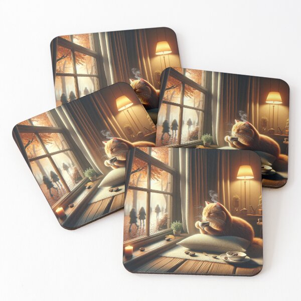 Item preview, Cozy Autumn Cat Drinking Coffee by Window – Aesthetic Fall Vibes Art designed and sold by SheetalMourya.