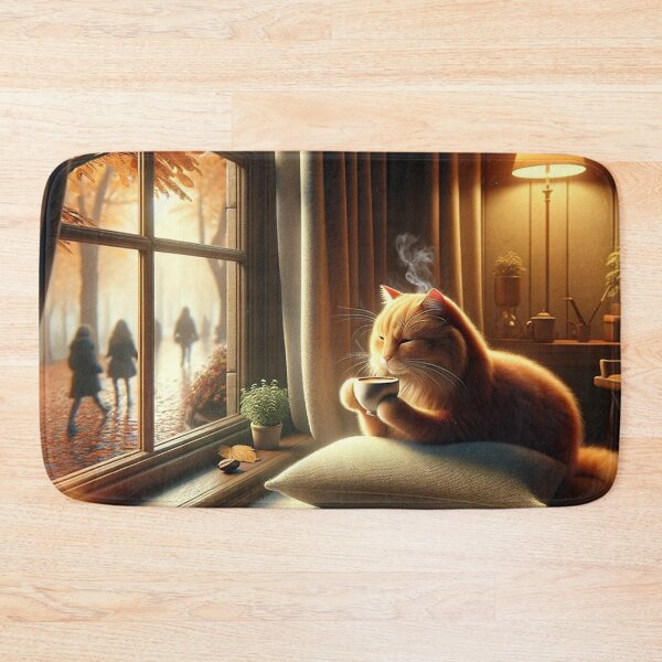 Item preview, Cozy Autumn Cat Drinking Coffee by Window – Aesthetic Fall Vibes Art designed and sold by SheetalMourya.