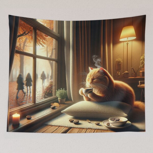 Item preview, Cozy Autumn Cat Drinking Coffee by Window – Aesthetic Fall Vibes Art designed and sold by SheetalMourya.