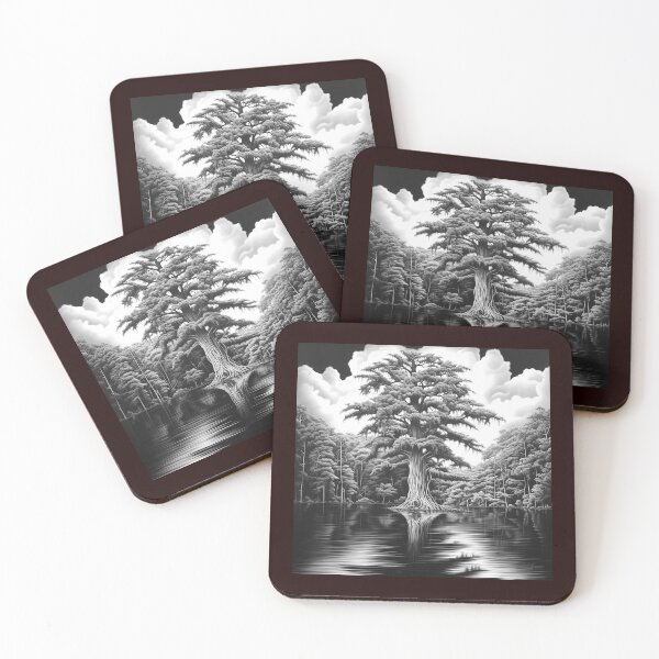 Item preview, Majestic Cypress Tree Reflection Illustration on Black designed and sold by inkoutninja.