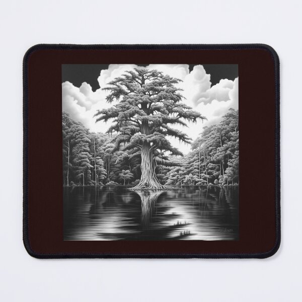 Item preview, Majestic Cypress Tree Reflection Illustration on Black designed and sold by inkoutninja.