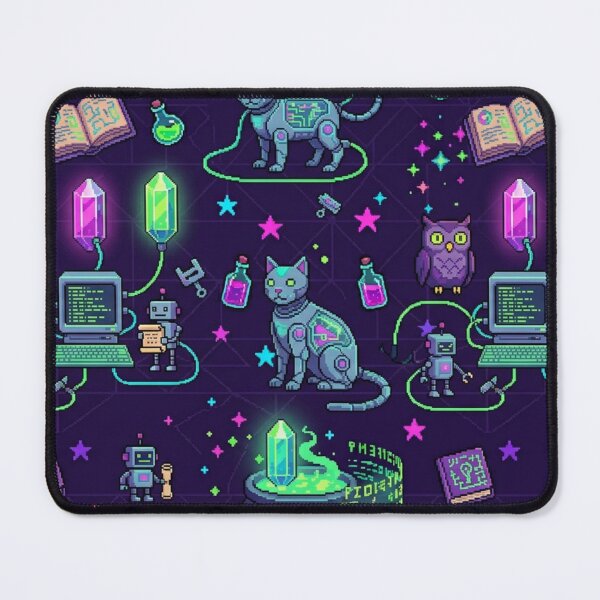 Item preview, 8-Bit Cyber Cat & Owl Familiar Upgrade Station Pixel Art Pattern designed and sold by InnerwayStudio.