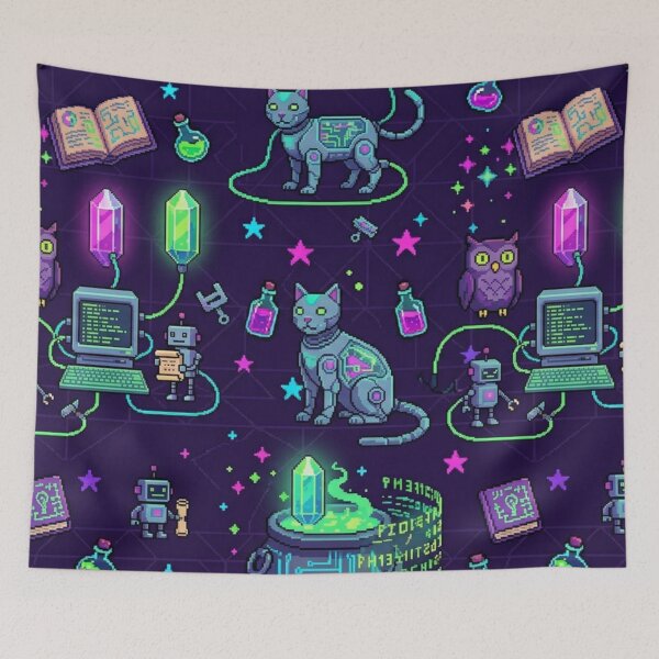 Item preview, 8-Bit Cyber Cat & Owl Familiar Upgrade Station Pixel Art Pattern designed and sold by InnerwayStudio.