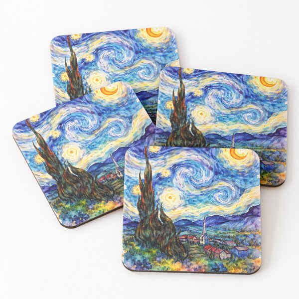 Item preview, Starry Night Watercolour Art Print | Colourful Night Sky Painting | Van Gogh Inspired Wall Art | Vibrant Landscape Decor designed and sold by ConorKeeganArt.