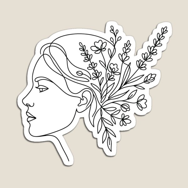 Artikelvorschau, Frauengesicht im Profil, Wildblumen, botanische Einlinienzeichnung entworfen und verkauft von MirAgency.