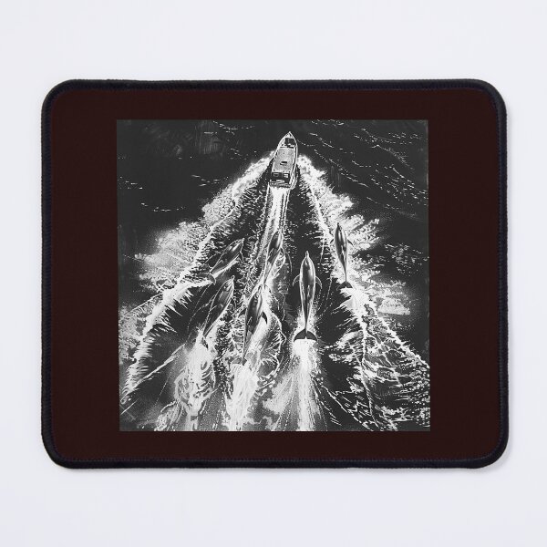 Item preview, Speedboat and Dolphins Ocean Illustration on Black designed and sold by inkoutninja.