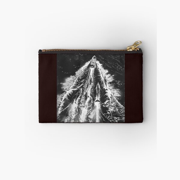 Item preview, Speedboat and Dolphins Ocean Illustration on Black designed and sold by inkoutninja.