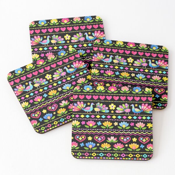 Item preview, Neon Folk Art - Vibrant Peacock and Floral Hearts Pattern designed and sold by myforestfog.