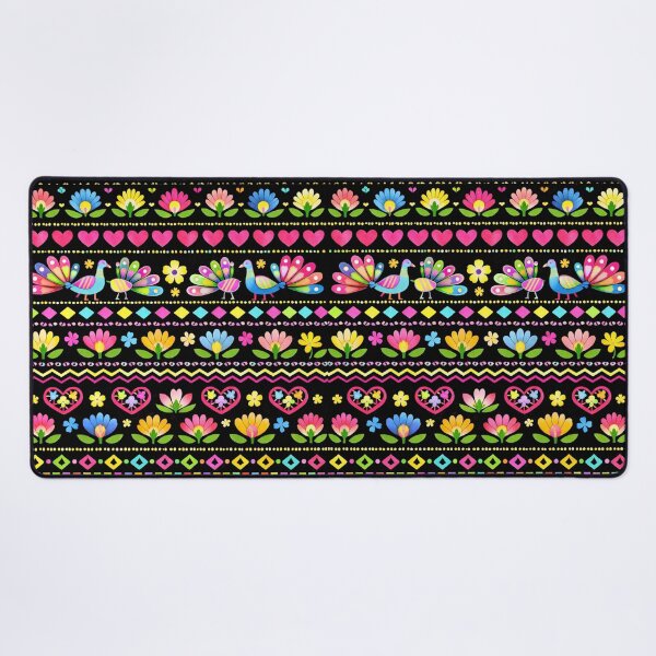 Item preview, Neon Folk Art - Vibrant Peacock and Floral Hearts Pattern designed and sold by myforestfog.