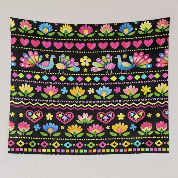 Item preview, Neon Folk Art - Vibrant Peacock and Floral Hearts Pattern designed and sold by myforestfog.