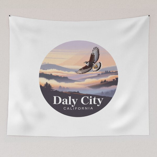 Item preview, Daly City California: Sunset Hawk Foggy Hills Wildlife Illustration designed and sold by CircinusStore.