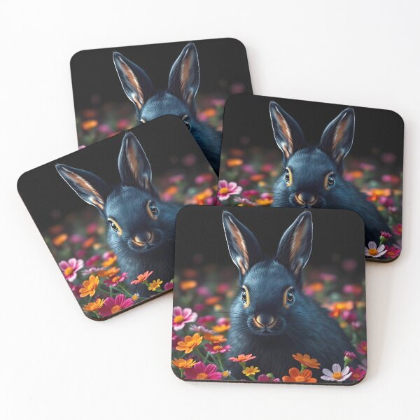 Item preview, Cute Black Bunny Among Colorful Flowers – Dramatic Floral Scene designed and sold by EmeraldeaArt.