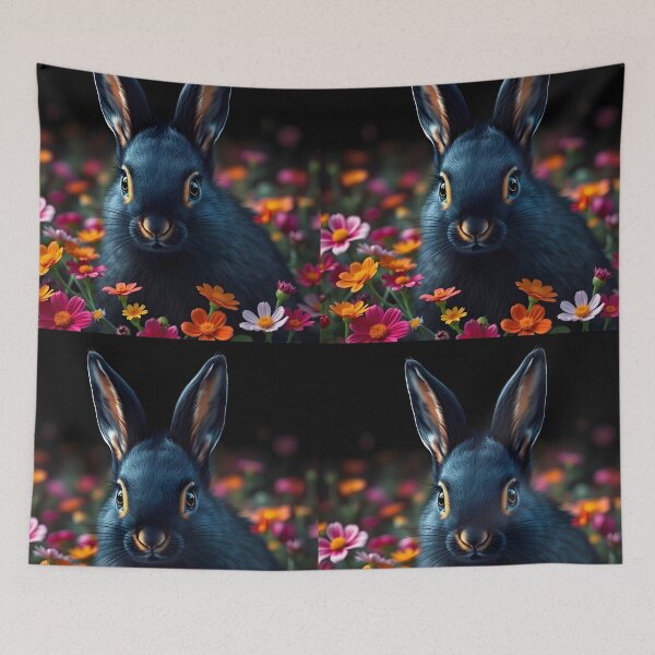Item preview, Cute Black Bunny Among Colorful Flowers – Dramatic Floral Scene designed and sold by EmeraldeaArt.