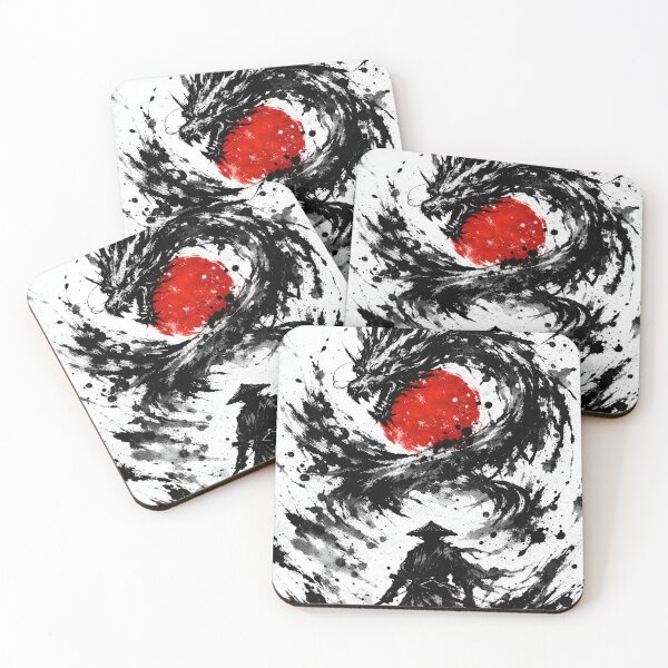 Item preview, Ink Dragon Samurai Art – Red Sun Sumi-e Splash Illustration designed and sold by avwear.