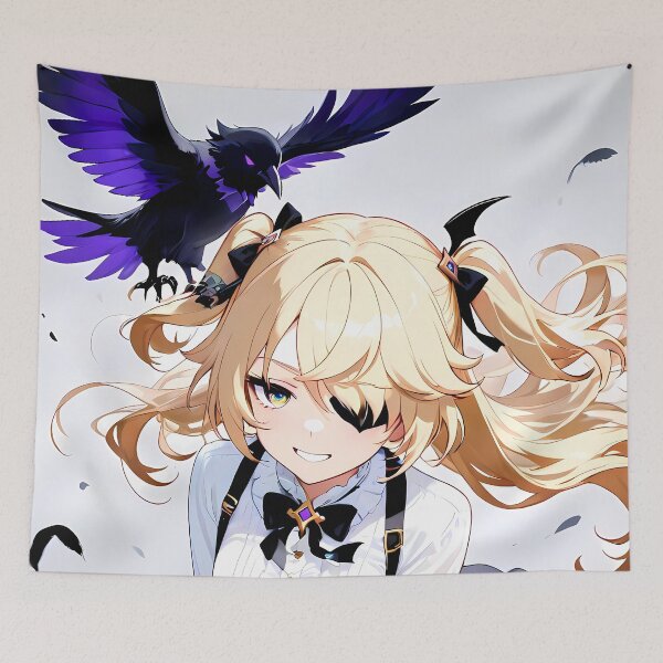 Item preview, Fischl Genshin Impact Raven Feathers Wind White Background designed and sold by PMartistStudio.