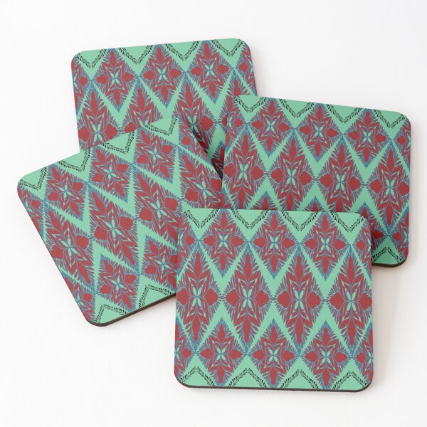 Item preview, Vibrant mint and crimson ikat geometric pattern designed and sold by AdesignbyG.