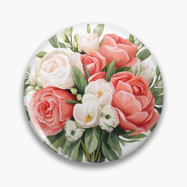 Item preview, Pink Coral White Rose Bridal Bouquet with Ribbon - Elegant Romantic Floral Art Print designed and sold by DesignArtist.ia.