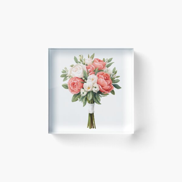 Item preview, Pink Coral White Rose Bridal Bouquet with Ribbon - Elegant Romantic Floral Art Print designed and sold by DesignArtist.ia.