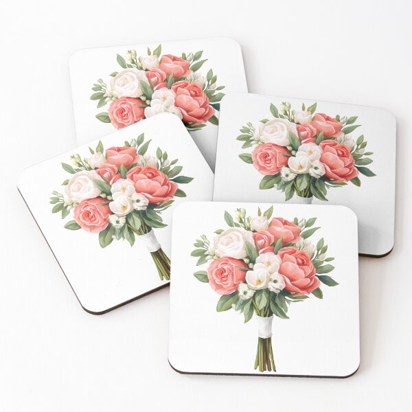 Item preview, Pink Coral White Rose Bridal Bouquet with Ribbon - Elegant Romantic Floral Art Print designed and sold by DesignArtist.ia.
