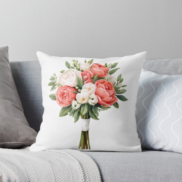 Item preview, Pink Coral White Rose Bridal Bouquet with Ribbon - Elegant Romantic Floral Art Print designed and sold by DesignArtist.ia.