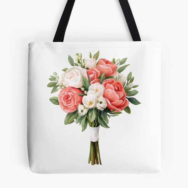 Item preview, Pink Coral White Rose Bridal Bouquet with Ribbon - Elegant Romantic Floral Art Print designed and sold by DesignArtist.ia.