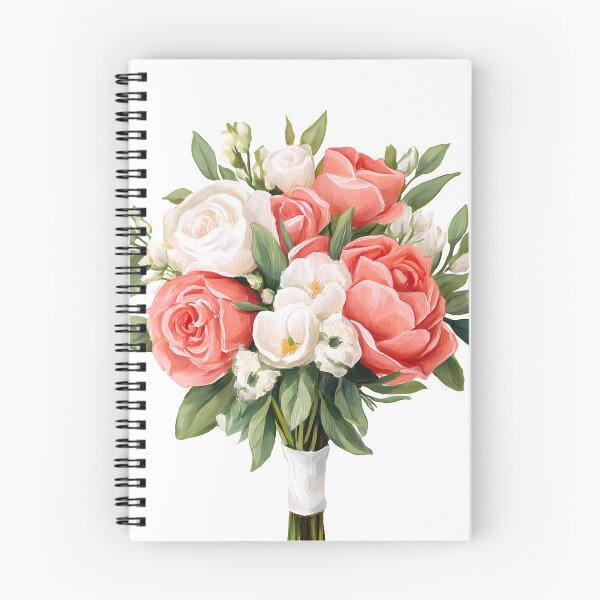 Item preview, Pink Coral White Rose Bridal Bouquet with Ribbon - Elegant Romantic Floral Art Print designed and sold by DesignArtist.ia.