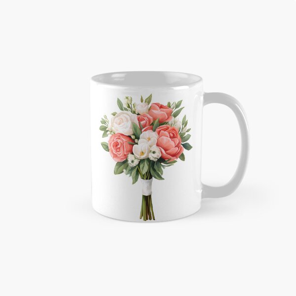 Item preview, Pink Coral White Rose Bridal Bouquet with Ribbon - Elegant Romantic Floral Art Print designed and sold by DesignArtist.ia.