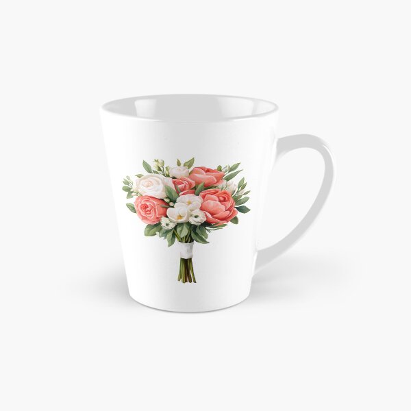 Item preview, Pink Coral White Rose Bridal Bouquet with Ribbon - Elegant Romantic Floral Art Print designed and sold by DesignArtist.ia.