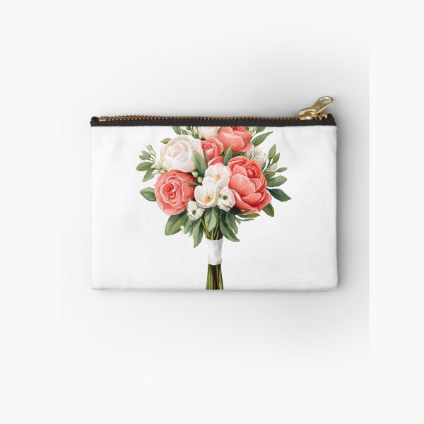 Item preview, Pink Coral White Rose Bridal Bouquet with Ribbon - Elegant Romantic Floral Art Print designed and sold by DesignArtist.ia.