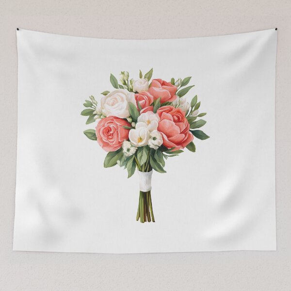 Item preview, Pink Coral White Rose Bridal Bouquet with Ribbon - Elegant Romantic Floral Art Print designed and sold by DesignArtist.ia.