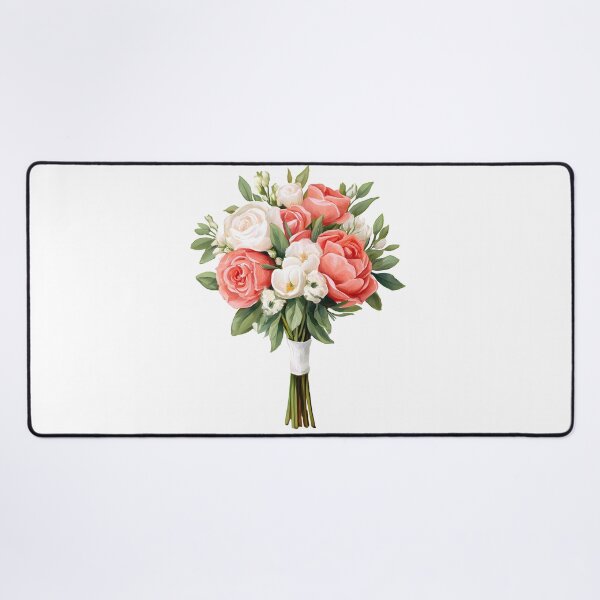 Item preview, Pink Coral White Rose Bridal Bouquet with Ribbon - Elegant Romantic Floral Art Print designed and sold by DesignArtist.ia.