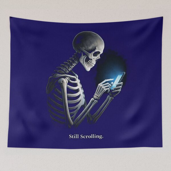 Item preview, Still Scrolling Skeleton – Dark Humor Phone Addiction Graphic, Existential Meme, Doomscrolling Art designed and sold by FunkyVista.
