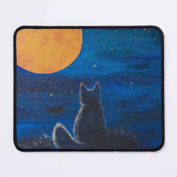 Item preview, A silhouette of a cat gazes up at a large golden moon in a starry, deep navy sky, evoking mystery and wonder. designed and sold by Agnieszka Gajewska art.