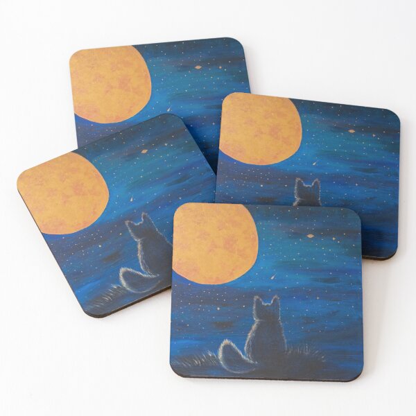 Item preview, A silhouette of a cat gazes up at a large golden moon in a starry, deep navy sky, evoking mystery and wonder. designed and sold by Agnieszka Gajewska art.