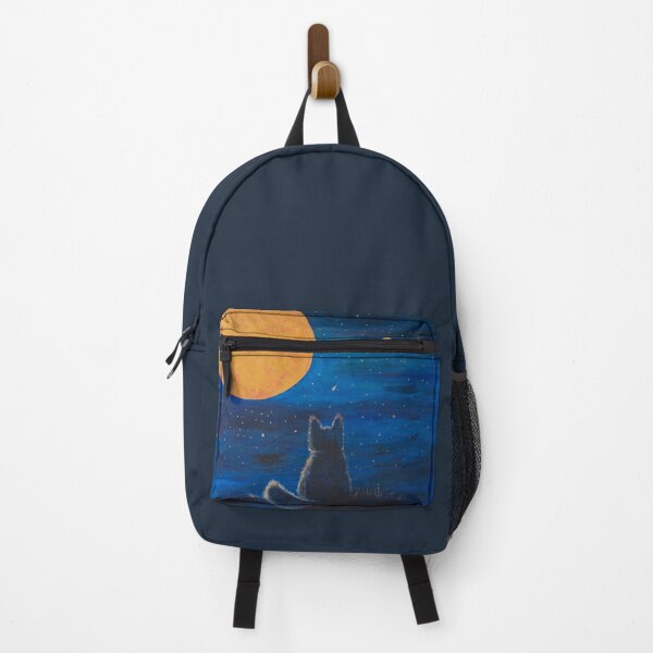 Item preview, A silhouette of a cat gazes up at a large golden moon in a starry, deep navy sky, evoking mystery and wonder. designed and sold by Agnieszka Gajewska art.