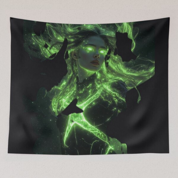 Item preview, Cosmic Green Energy Goddess – Neon Lightning Hair in Starry Void designed and sold by RadaQueen.