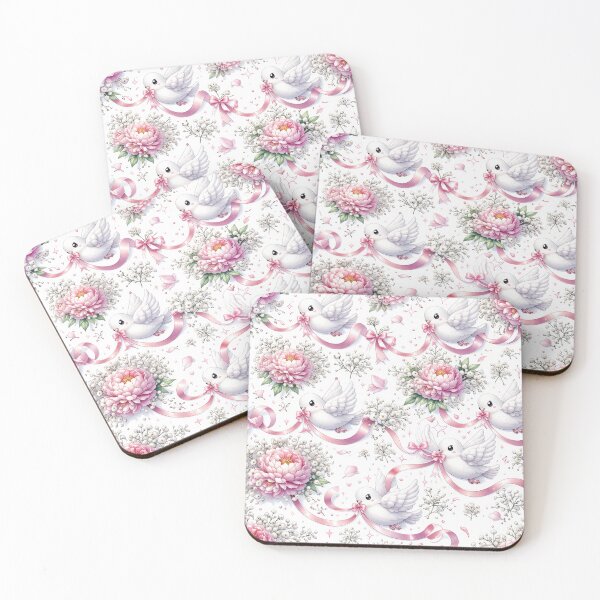 Item preview, White Wedding Doves with Pink Peonies and Ribbons designed and sold by Maria Dryfhout.