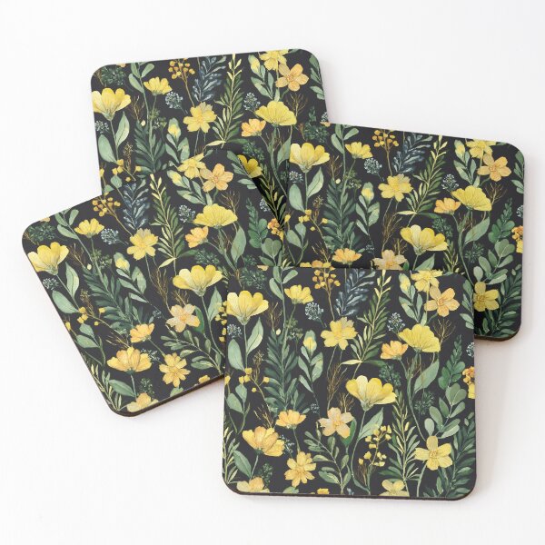 Item preview, WILDFLOWERS Golden yellow flowers seamless pattern, sage green leafy botanicals watercolor leaves painting spring theme on black background  designed and sold by navitalidesign.
