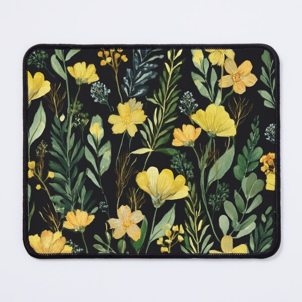 Item preview, WILDFLOWERS Golden yellow flowers seamless pattern, sage green leafy botanicals watercolor leaves painting spring theme on black background designed and sold by navitalidesign.