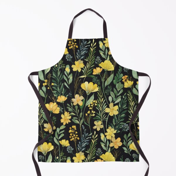 Item preview, WILDFLOWERS Golden yellow flowers seamless pattern, sage green leafy botanicals watercolor leaves painting spring theme on black background designed and sold by navitalidesign.