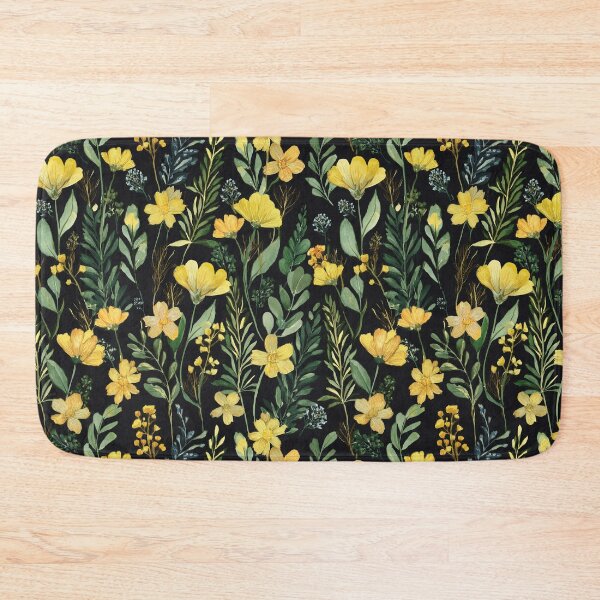 Item preview, WILDFLOWERS Golden yellow flowers seamless pattern, sage green leafy botanicals watercolor leaves painting spring theme on black background  designed and sold by navitalidesign.