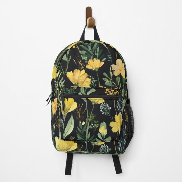 Item preview, WILDFLOWERS Golden yellow flowers seamless pattern, sage green leafy botanicals watercolor leaves painting spring theme on black background designed and sold by navitalidesign.