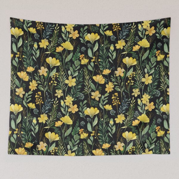 Item preview, WILDFLOWERS Golden yellow flowers seamless pattern, sage green leafy botanicals watercolor leaves painting spring theme on black background  designed and sold by navitalidesign.